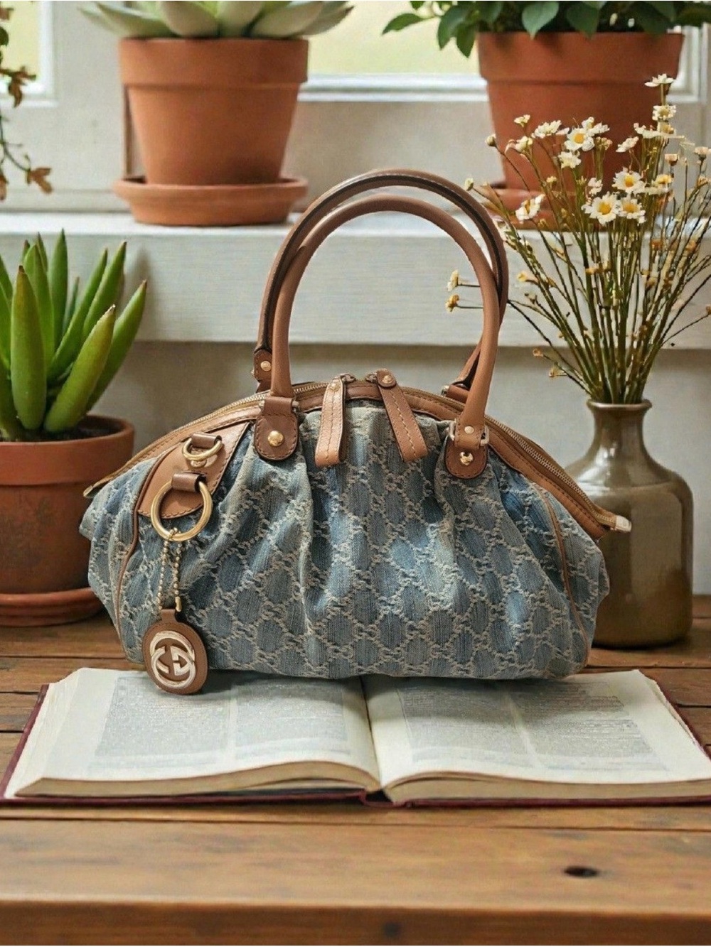 Gucci Blue Denim GG Denim Sukey
Boston Bag